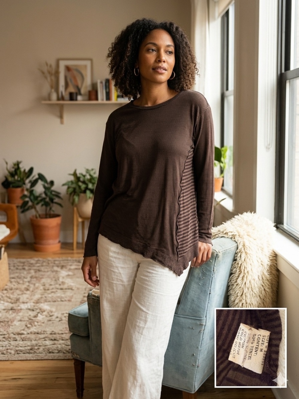 Cut Loose Striped Asymmetrical Lagenlook Top - Size M - Tencel Cotton Blend